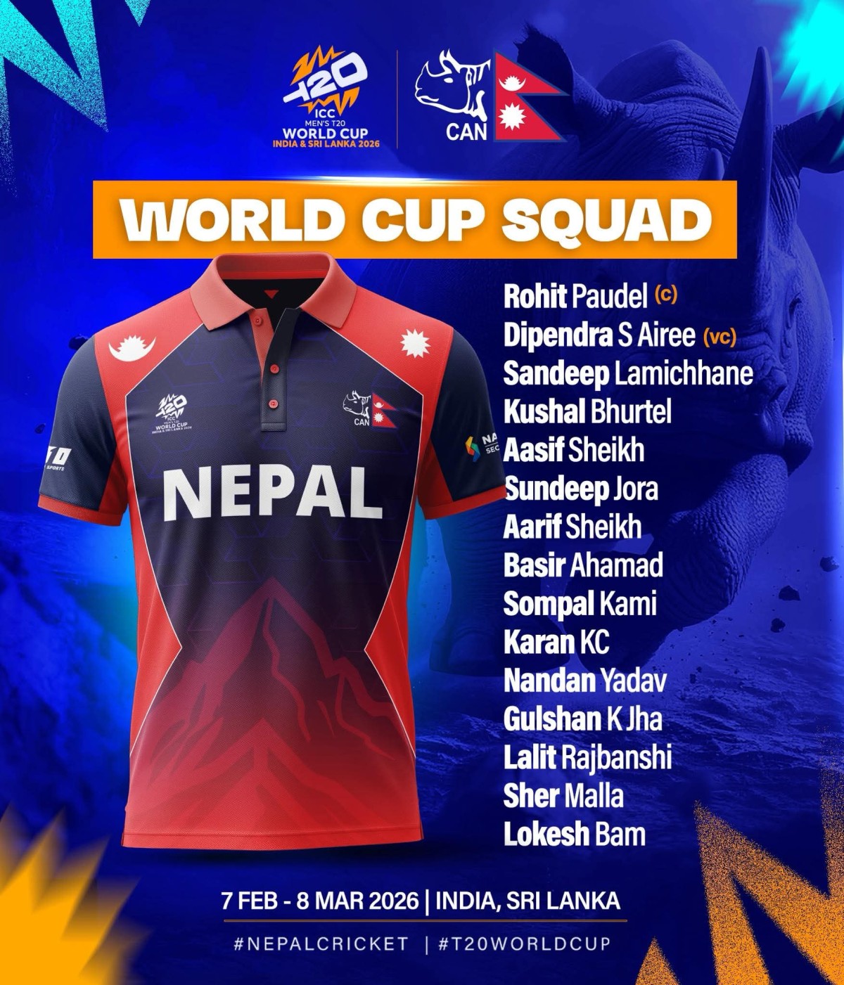 आईसीसी टी-२० विश्वकपका लागि नेपालको टोली घोषणा