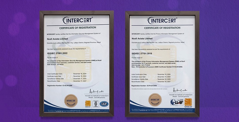 एनसेलले पायो सूचना सुरक्षा र डेटा गोपनीयतामा आईएसओ